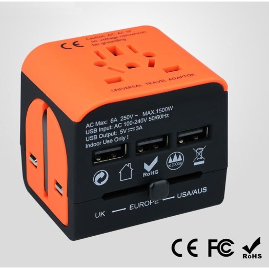 Adaptateur de voyage - Monde entier - avec 3 ports USBs - orange- noir