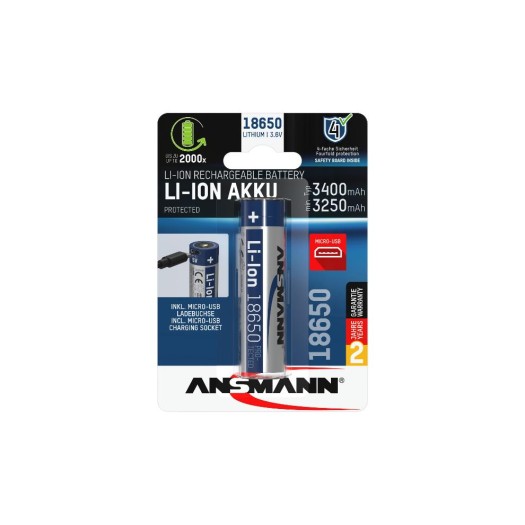 Ansmann Batterie 18650 Typ 3400 3250 mAh avec prise de charge Micro-USB