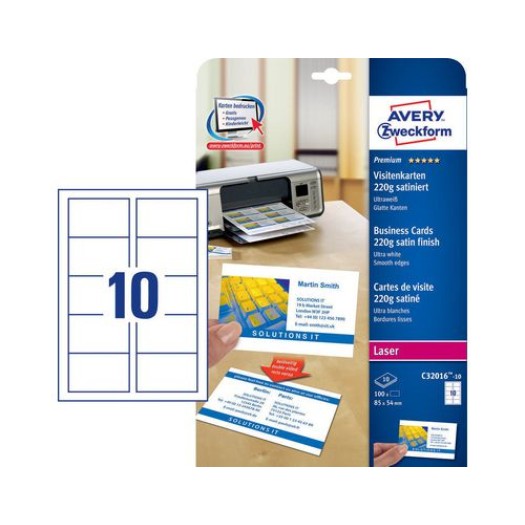 Avery Zweckform C32016-10 cartes de visite Click & Clean, 10 planches, 100 cartes, double face