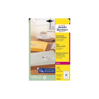 Avery Adress Etiketten transparent L7560, 63,5 x 38,1 mm, 25 Bogen pro Packung Avery Adress Etiketten transparent L7560, 63,5 x 38,1 mm, 25 Bogen pro Packung