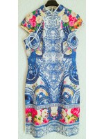 Kurzes chinesisches Kleid für einen Abend- oder Restaurantausflug - blau und rot
