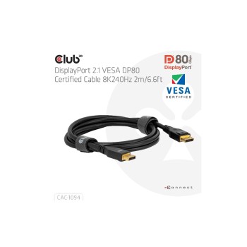 Club 3D, DisplayPort 2.1 DP80 VESA cable, zertifiziertes cable 8K2400Hz 2m Club 3D, DisplayPort 2.1 DP80 VESA cable, zertifiziertes cable 8K2400Hz 2m