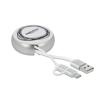 USB2.0 Aufrollcable, 92CM, A-MB/Typ-C, with Autorollfunktion, white / silver