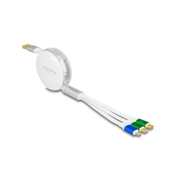 Delock USB 3 in 1 Aufrollladecable Typ-A, Mikro USB/ 2x USB-C,Ladefunktion, white Delock USB 3 in 1 Aufrollladecable Typ-A, Mikro USB/ 2x USB-C,Ladefunktion, white