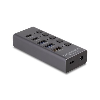 Delock USB-C Hub, 4+1 Port, schaltbar, 2xUSB-C 3.2, 2xUSB-A 3.2, 1xUSB-A nur DC Delock USB-C Hub, 4+1 Port, schaltbar, 2xUSB-C 3.2, 2xUSB-A 3.2, 1xUSB-A nur DC