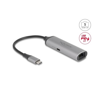 Delock USB Type-C Netzwerk Adapter, 5 Gigabit LAN, 1 x RJ45, PD 3.1, 140 W Delock USB Type-C Netzwerk Adapter, 5 Gigabit LAN, 1 x RJ45, PD 3.1, 140 W