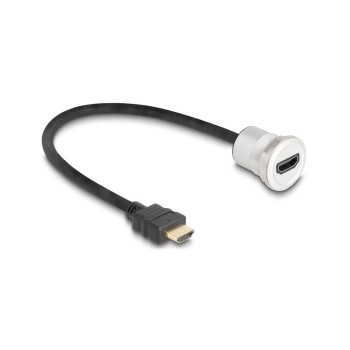 Delock HDMI Einbaubuchse mit Kabelpeitsche, 8K, 60 Hz, Stecker, 30 cm, Aluminium Delock HDMI Einbaubuchse mit Kabelpeitsche, 8K, 60 Hz, Stecker, 30 cm, Aluminium