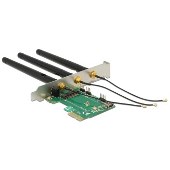 Delock PCI-E-X1 Adapter M.2 Key A+E, mit 3x RP-SMA Antennen, MHF Anschlüsse Delock PCI-E-X1 Adapter M.2 Key A+E, mit 3x RP-SMA Antennen, MHF Anschlüsse