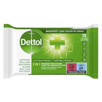 Dettol 2in1 Desinfektions-Tücher HAND+FLÄc, 15 Stk. Dettol 2in1 Desinfektions-Tücher HAND+FLÄc, 15 Stk.