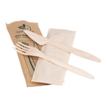 ELCO Holzbesteck 3er Set, 50 Stück, Gabel-Messer-Serviette