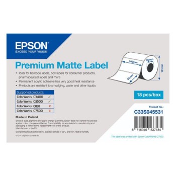 Epson Premium Matte Label 102 mm x 51 mm,, 650 Etiketten/Rolle, C33S045531 Epson Premium Matte Label 102 mm x 51 mm,, 650 Etiketten/Rolle, C33S045531