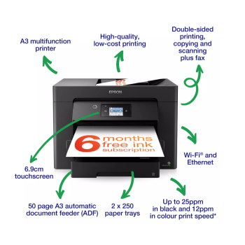 Epson multifunction printer WorkForce WF-7830DTWF A4 and A3+, Duplex, LAN, Wifi ,USB2.0