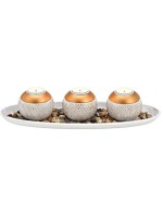 G. Wurm Teelichthalter 3er Set auf Tablett, Holz, Steine,Weiss-Gold, 39x10x14 (B/H/T)