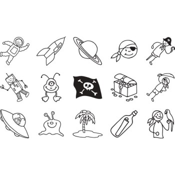 Heyda 15 tampons fantaisie sur le thème pirate et espace avec un tampon encreur Heyda 15 tampons fantaisie sur le thème pirate et espace avec un tampon encreur