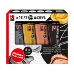 Marabu Peinture acrylique Artist 4x 75 ml, Argenté/Doré/Cuivre/Noir