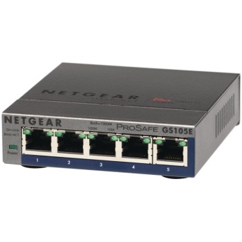 Netgear GS105Ev2: 5Port Switch, 1Gbps, 5xQoS Ports, Metallgehäuse, Ventilatorlos