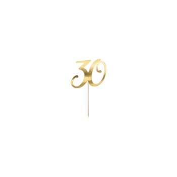 Partydeco Caketopper Zahl 30, Karton mit Holzspiess Gold