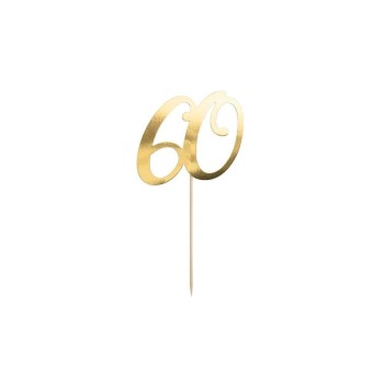 Partydeco Caketopper Zahl 60, Karton mit Holzspiess Gold, 21 cm