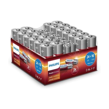 Philips Batterie Alkaline Pack; 40 Stück, 1.5 V, 24x AA, 16x AAA; LR03 & LR6 Alkaline