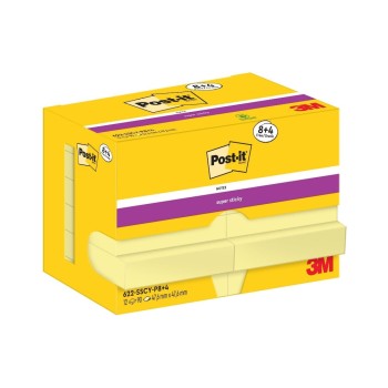 3M Post-it Super Sticky yellow, 4 gratis, 8 + 4 Blöcke à 90 Blatt , 47 x 47 mm