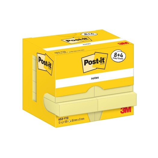 3M Post-it Haftnotizen, yellow, 4 gratis, 8 + 4 Blöcke à 100 Blatt, 51 x 38 mm