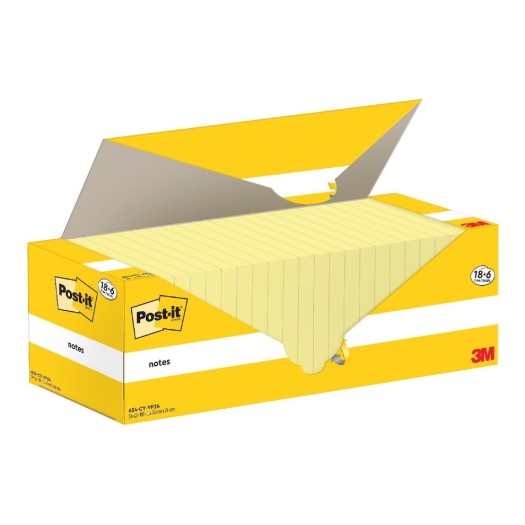 Post-it Fiche de bloc-notes 3M, 76 x 76 mm, 18+6 blocs, jaune