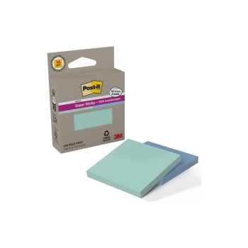 3M Post-it Super Sticky Recycling Notes, 2 Blöcke à 70 Blatt, 76x76mm, mint, blau