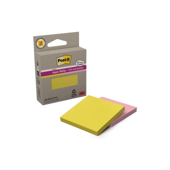 3M Post-it Super Sticky Recycling Notes, 2 Blöcke à 70 Blatt, 76x76mm, gelb, rosa