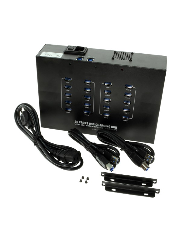 HUB USB 20 ports, 20x USB 2.0 avec charge, qualité industrie, boîtier métal, 90 watts