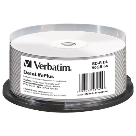 Verbatim BD-R 6x Dual Layer 50GB 25 Spindel, Blu-ray Scratchguard plus, imprimable