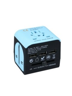 Adaptateur de voyage - Monde entier - avec 3 ports USBs - bleu - noir