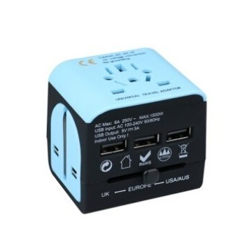Reiseadapter - Weltweit - 3 USB-Anschlüssen - blau- schwarz Reiseadapter - Weltweit - 3 USB-Anschlüssen - blau- schwarz