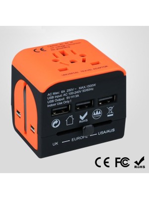 Reiseadapter - Weltweit - 3 USB-Anschlüssen - Orange- Schwarz Reiseadapter - Weltweit - 3 USB-Anschlüssen - Orange- Schwarz