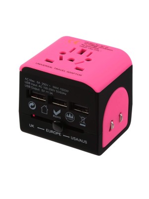 Adaptateur de voyage - Monde entier - avec 3 ports USBs - rose - noir Adaptateur de voyage - Monde entier - avec 3 ports USBs - rose - noir