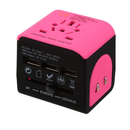 Adaptateur de voyage - Monde entier - avec 3 ports USBs - rose - noir